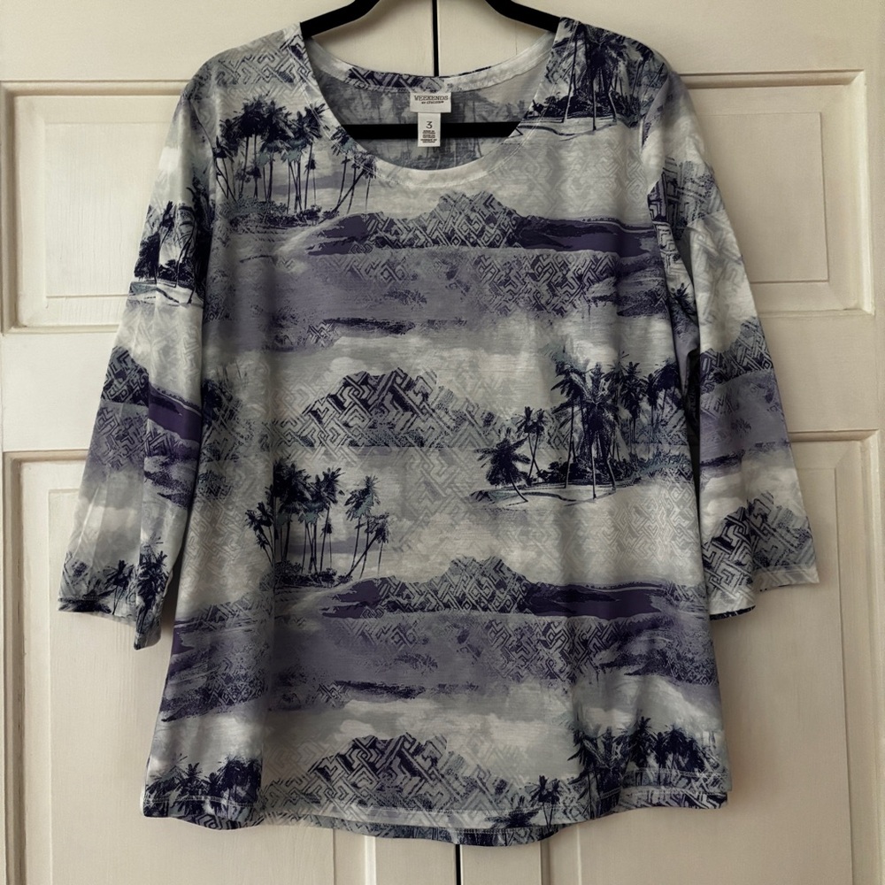 Chico's Size 3 Graphic Hawaiian Print Shirt Purple Blue Gray Palm Tree Chicos XL